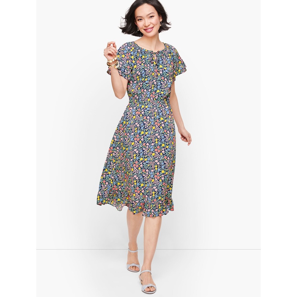 Talbots Floral Smocked Waist Midi Dress Navy Blue Multi 14 Flutter Sleeve Ruffle